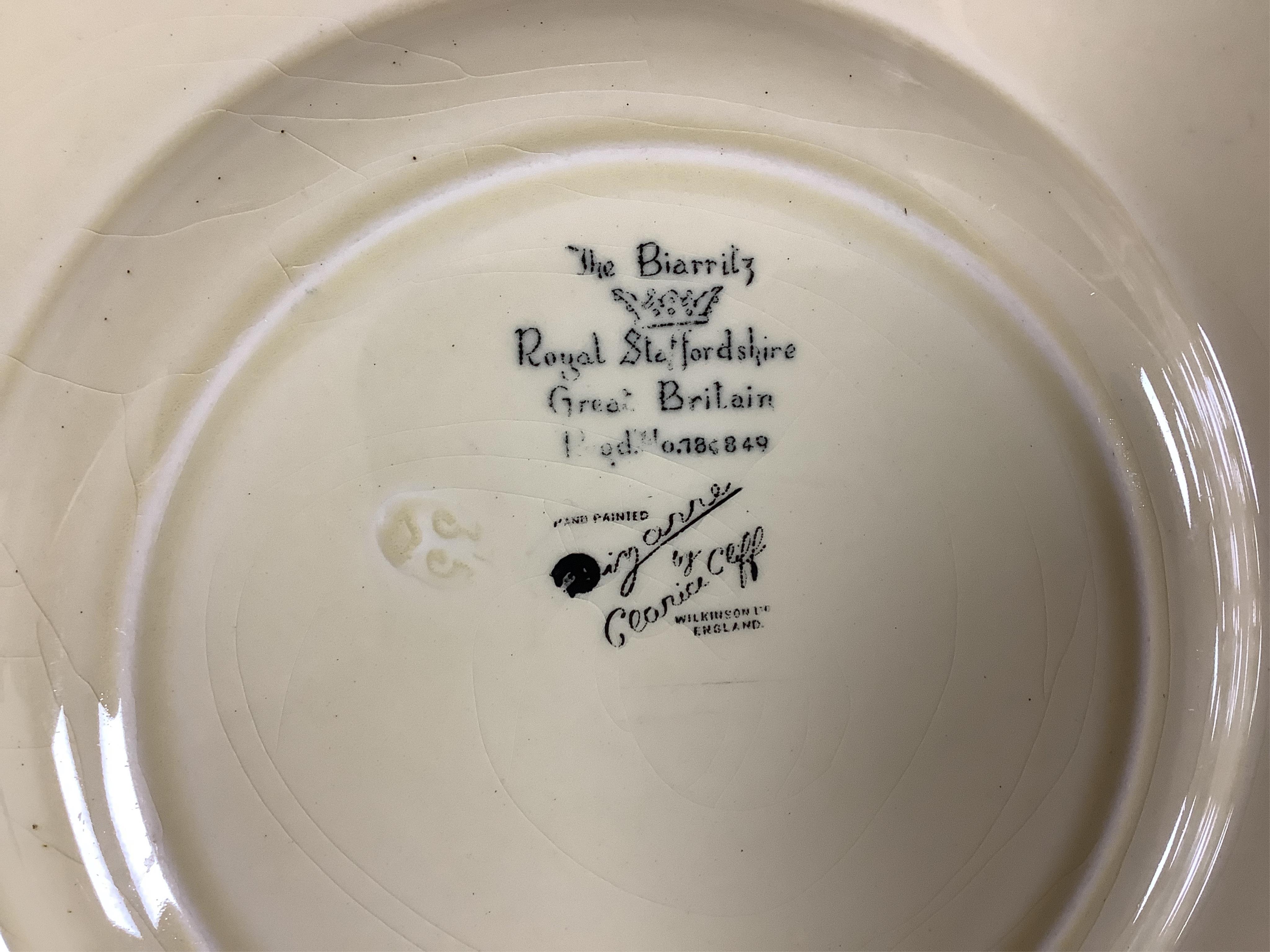 A Clarice Cliff Biarritz-shape 21-piece part teaset including trencher plates and saucers, impressed date-code 1935, jug 13cm